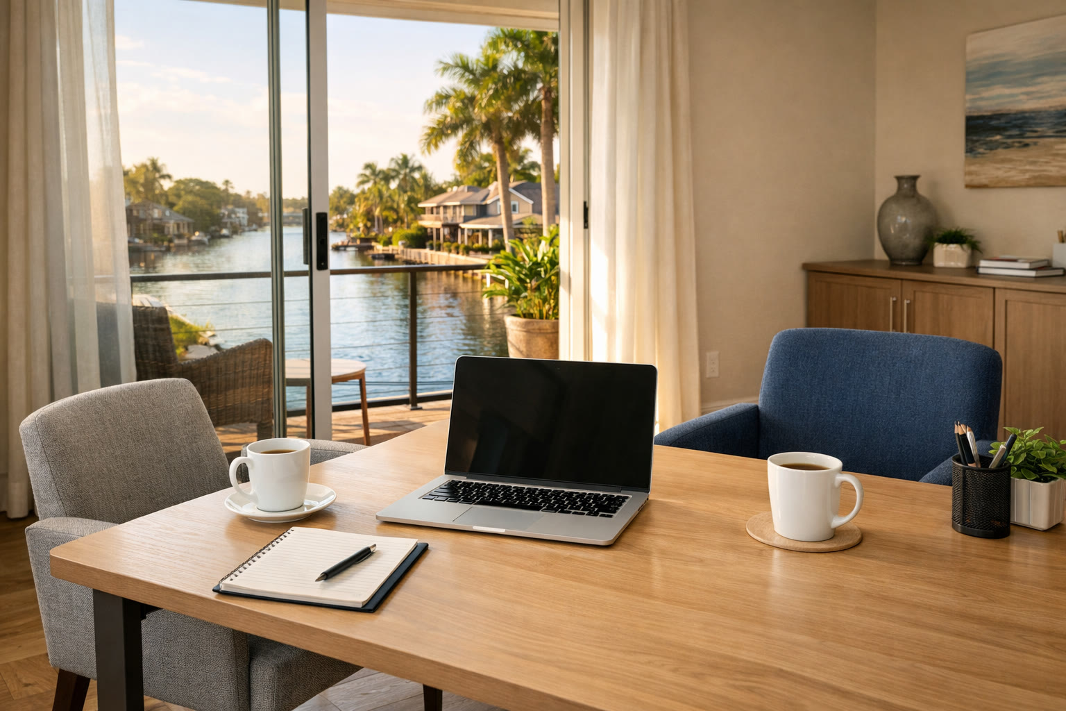 A light-filled coastal workspace with a notebook and laptop