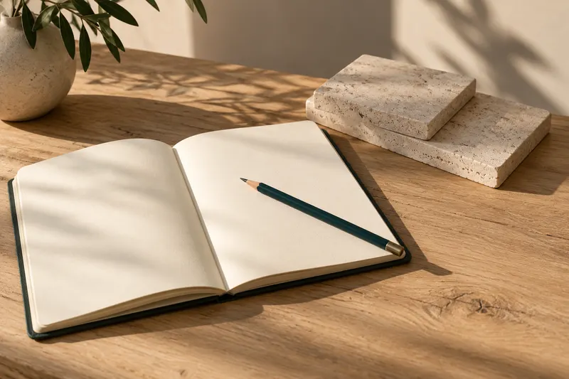 Illustrative still life of an open blank notebook, teal pencil and limestone blocks.