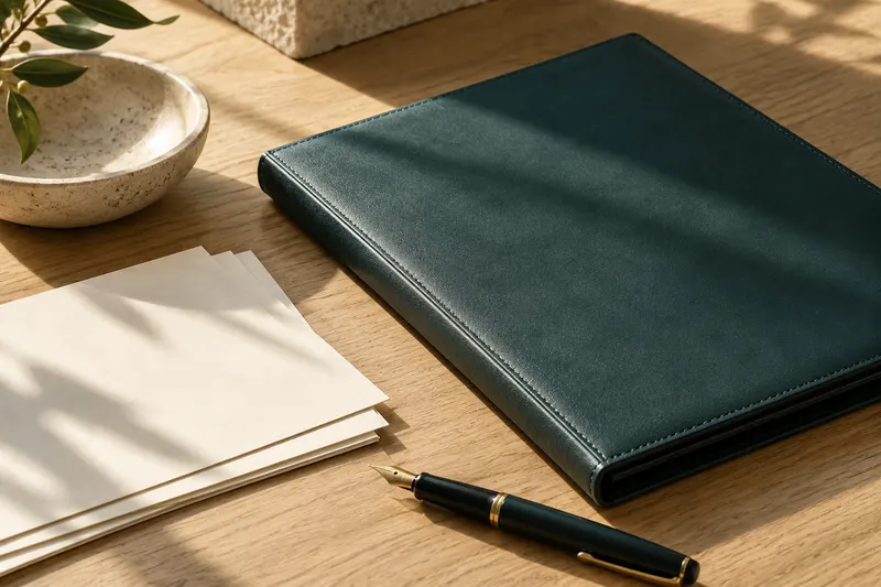 Illustrative still life of a teal document folio, blank cream paper and a pen.