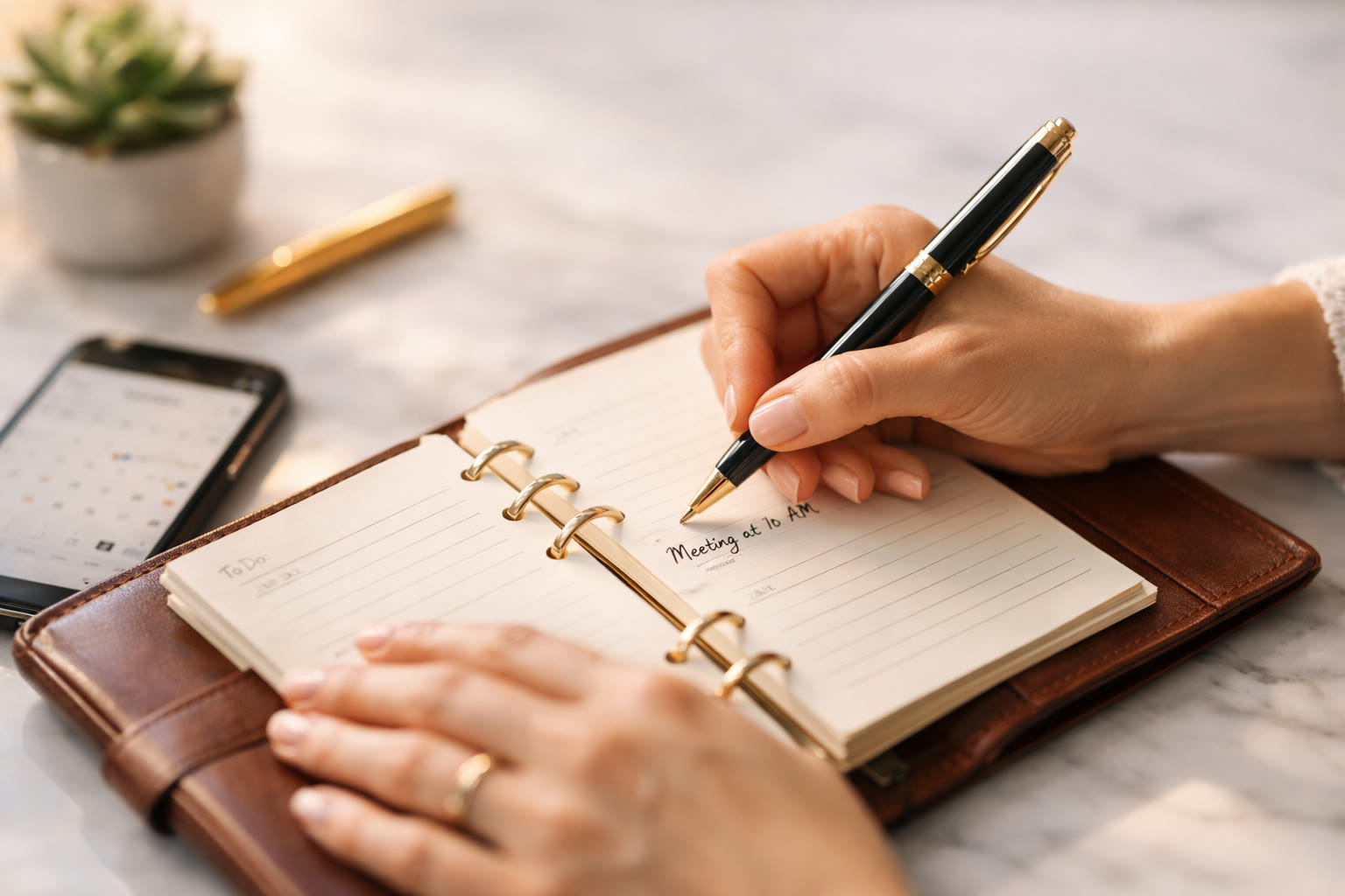 Person writing in a planner with calendar on phone